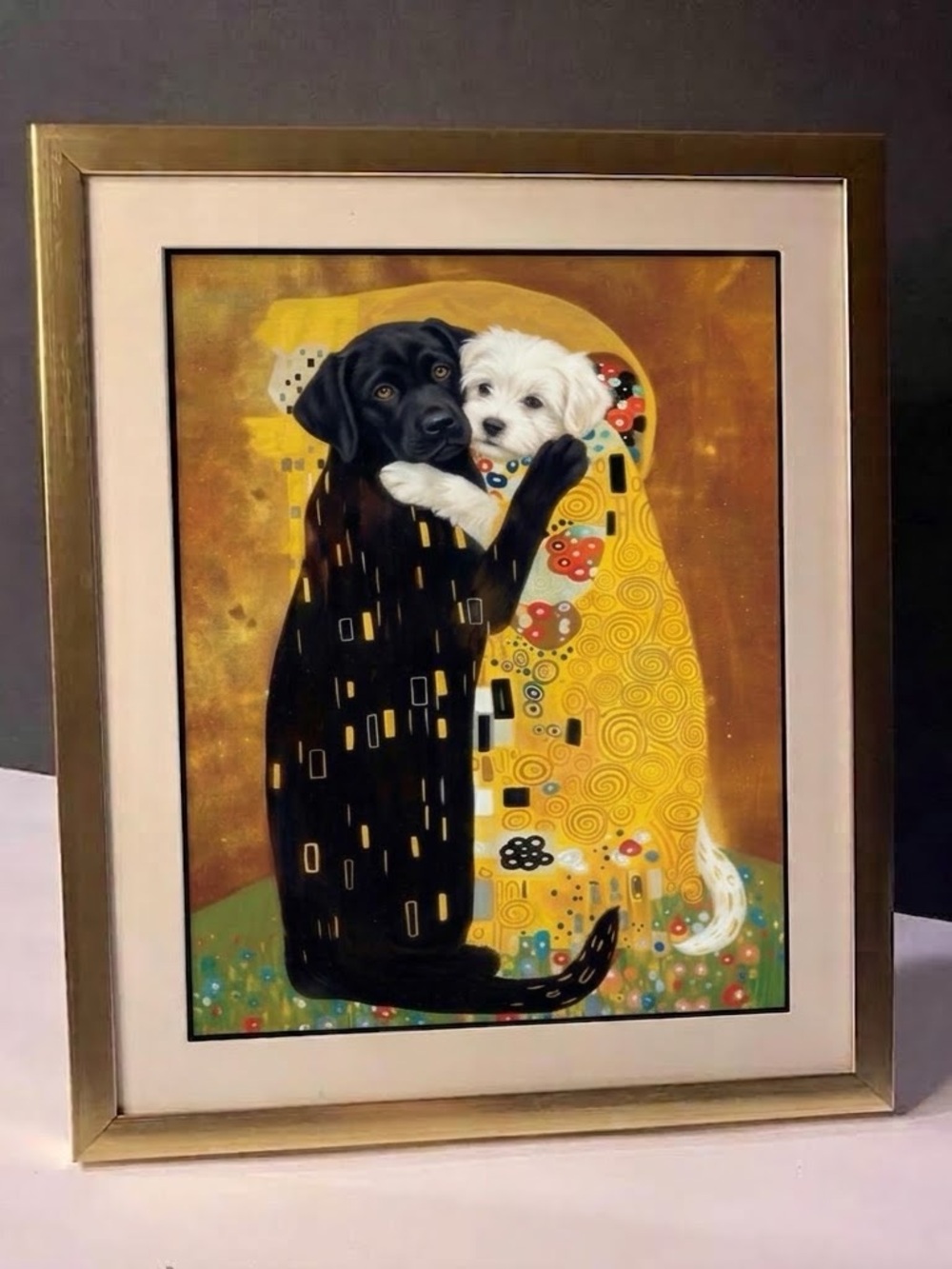 Klimt-Inspired “The Kiss” Black Lab & White Dog Framed Print 8”x10”